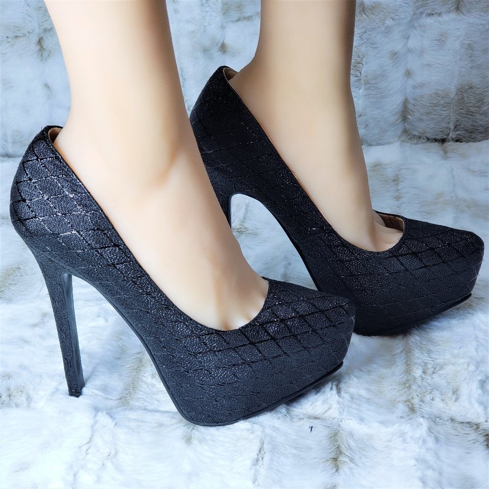 Alba Black Metallic Diamond Design Platform Pumps